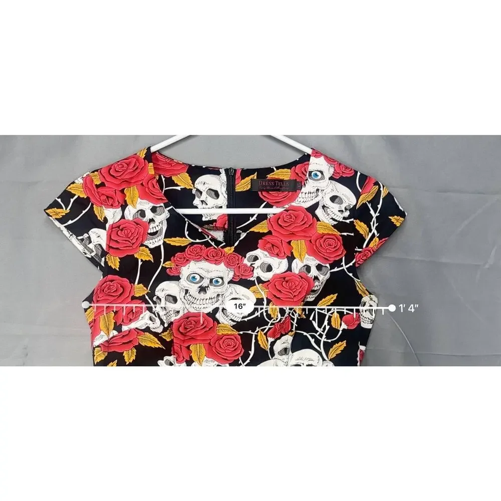 Skulls and Roses Dress Gothic Halloween Punk Sz XS Day of‎ the Dead Rockabilly
